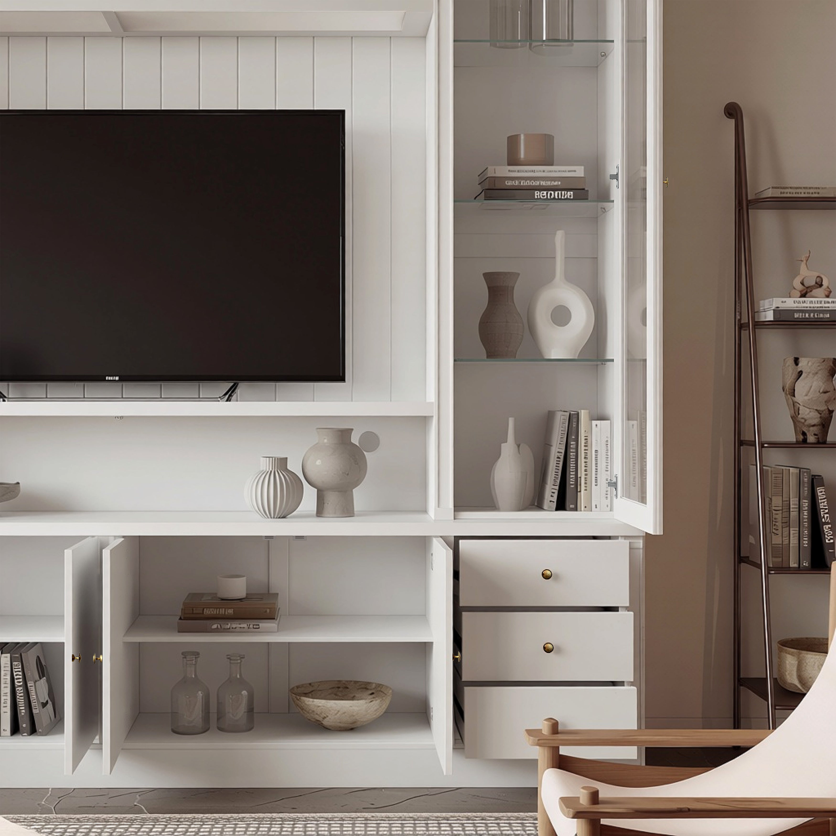 White entertainment center with open TV space, glass side cabinets, lower storage cabinets, and drawers