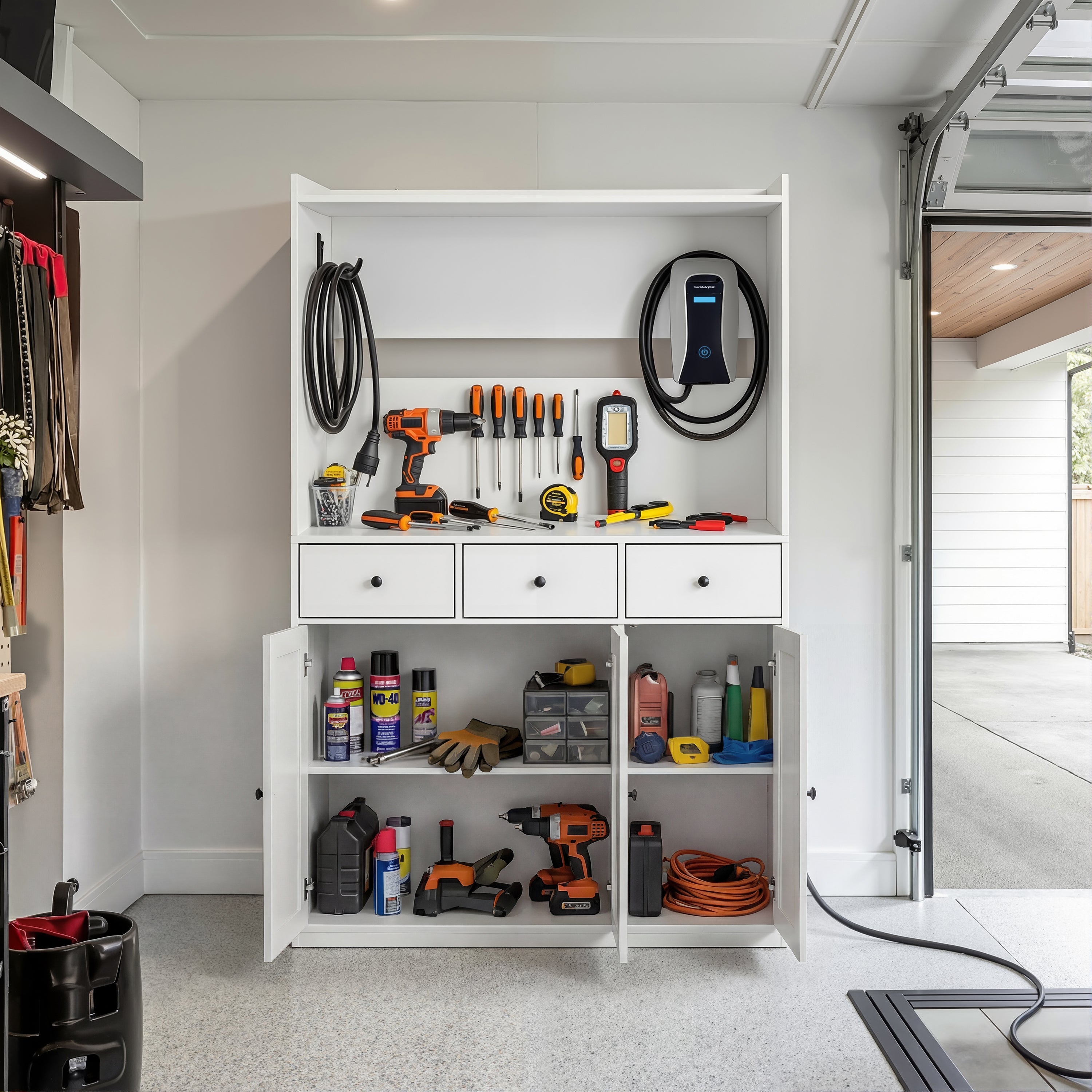 White garage storage cabinet with countertop, tool wall, and lower doors
