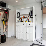 White garage storage cabinet with countertop, tool wall, and lower doors