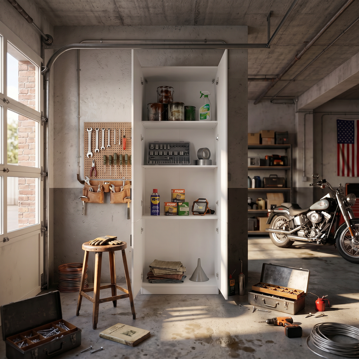 31.5" White Engineered Wood Tall 4-Door Garage Storage Cabinet with Adjustable Interior Shelves