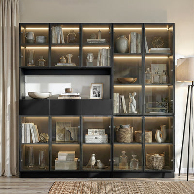 78.7 inch Large Bookcase with Glass Doors and 3-Color Changing LED Lights