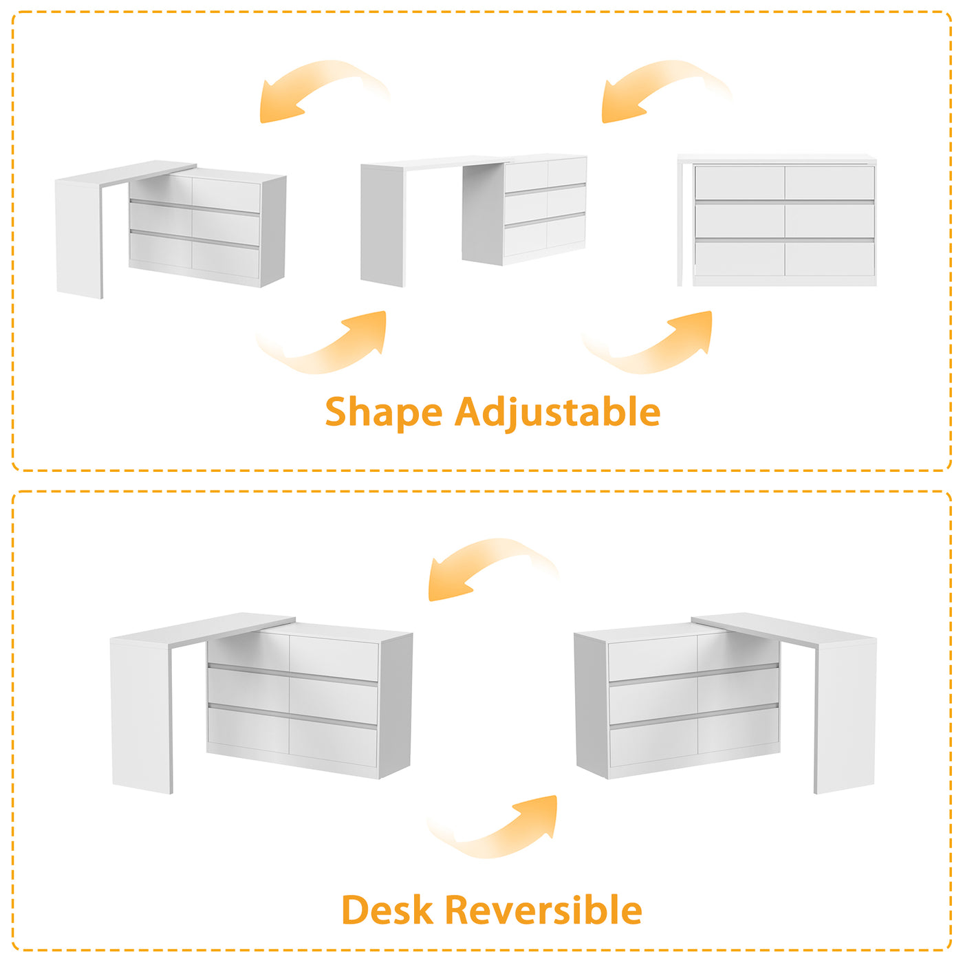51.2" Modern Minimalist White/Black L-Shaped Rotatable Dresser Writing Table with 6 Drawers