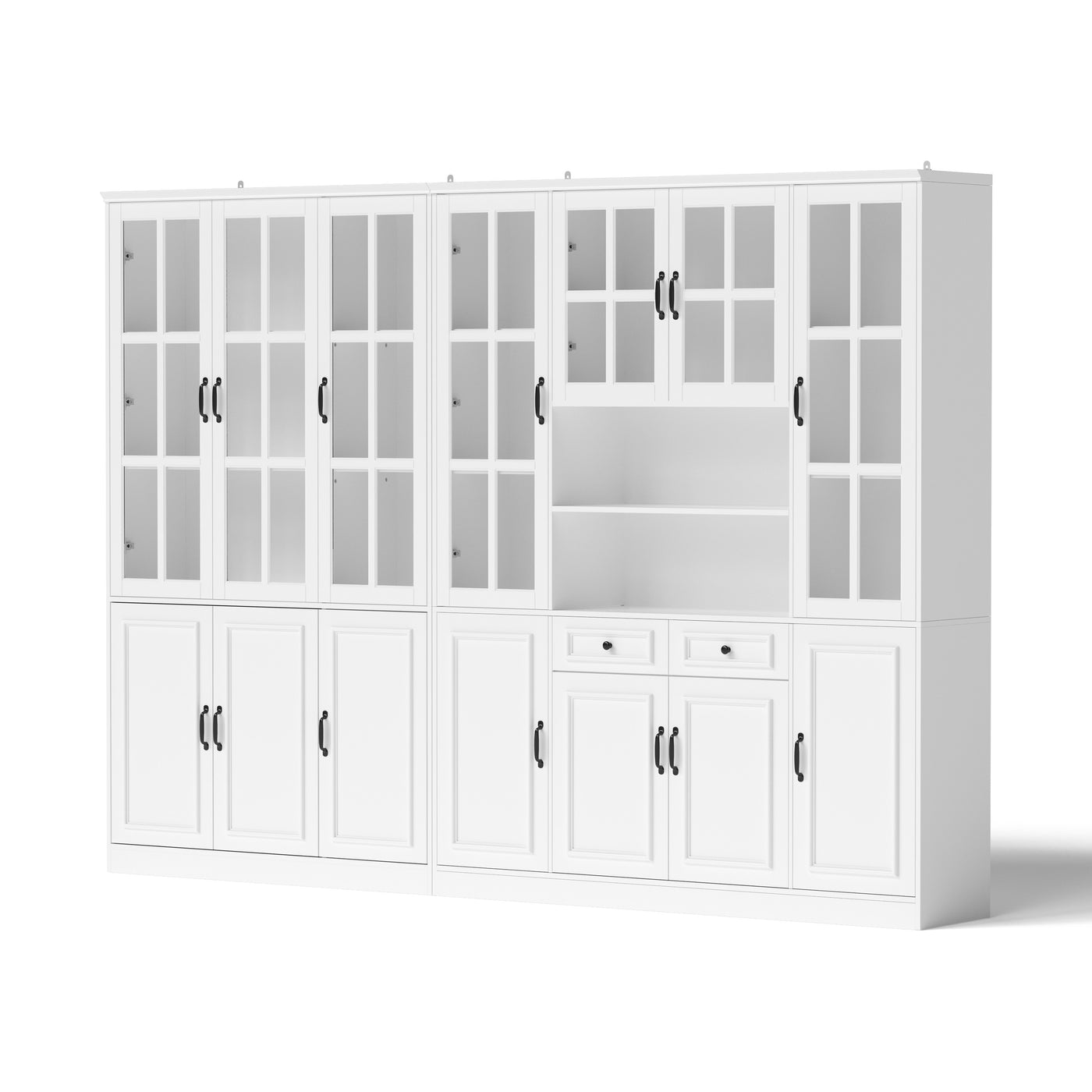 Sofna 110" Elegant Large White Standard Storage Bookcase with Glass Doors
