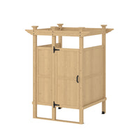 Wooden outdoor shower enclosure with a roof and doors, set against a house exterior