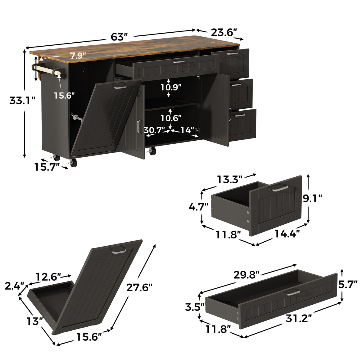 Black kitchen island with wood top, drawers, cabinet doors, towel bar, and wheels