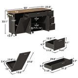 Black kitchen island with wood top, drawers, cabinet doors, towel bar, and wheels