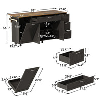 Black kitchen island with wood top, drawers, cabinet doors, towel bar, and wheels