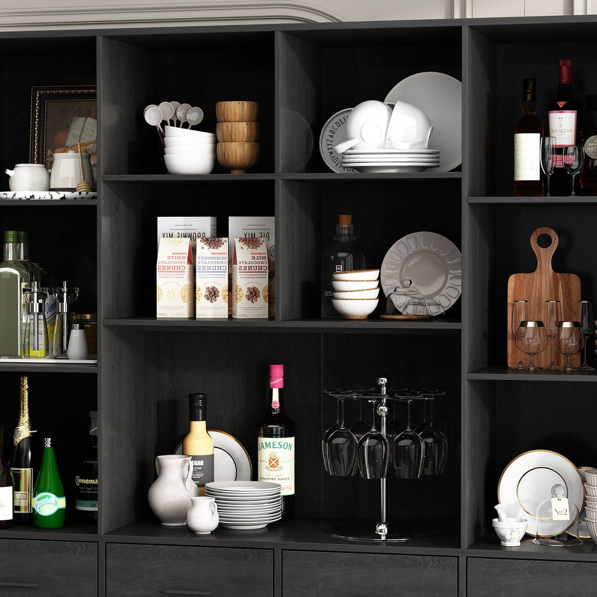 78.7" Modern Dark Gray Kitchen Pantry With 4 Drawers, Adjustable Shelves