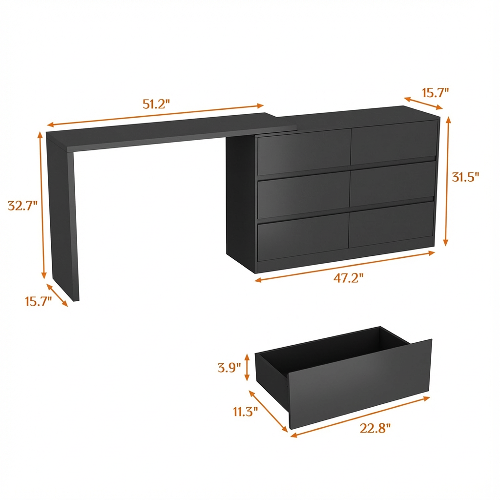51.2" Modern Minimalist White/Black L-Shaped Rotatable Dresser Writing Table with 6 Drawers