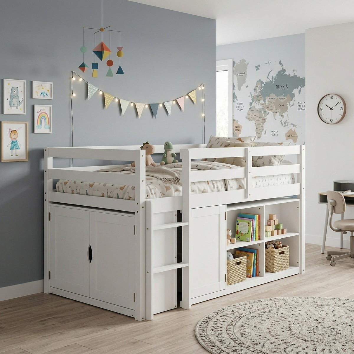 White kids loft bed with storage cabinets, shelves, and ladder
