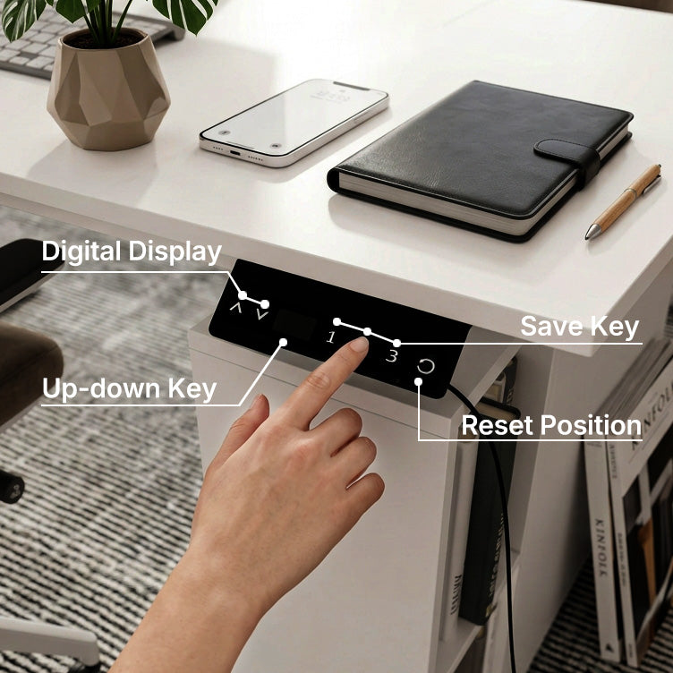63" Modern White U-Shaped Standing Desk with 3 Memory Presets, Drawer and Open Storage