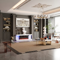 White TV stand with electric fireplace and LED lighting
