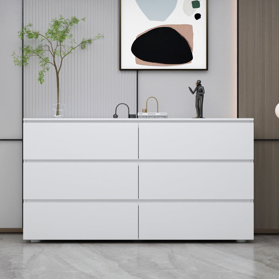 59" Modern Minimalist White/Black Distressed 6-Drawer Sideboard with Grain Texture