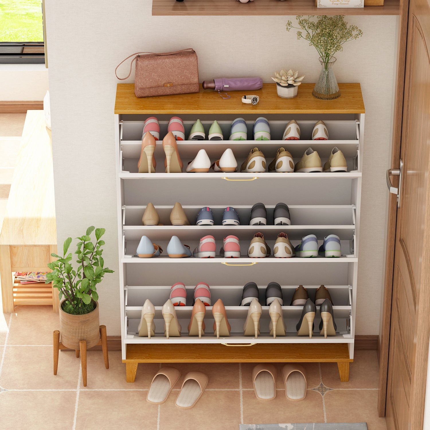Modern Shoe Storage Cabinet with 3 Compartments & 1 Locker Shoe Cabinet Organizer for Entryway