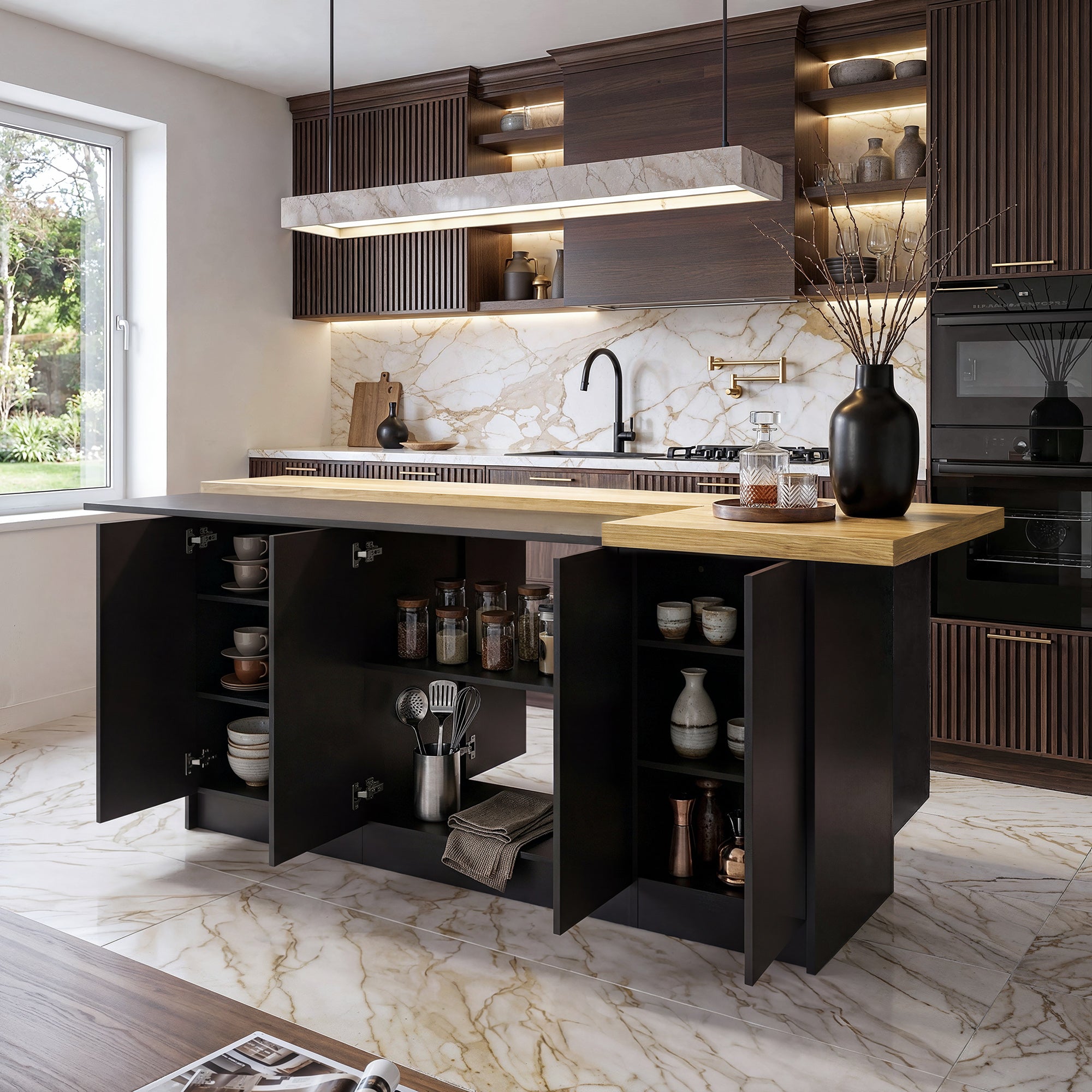 77.3 inches Modern Black Kitchen Island With Adjustable Shelves And Butcher Block Top