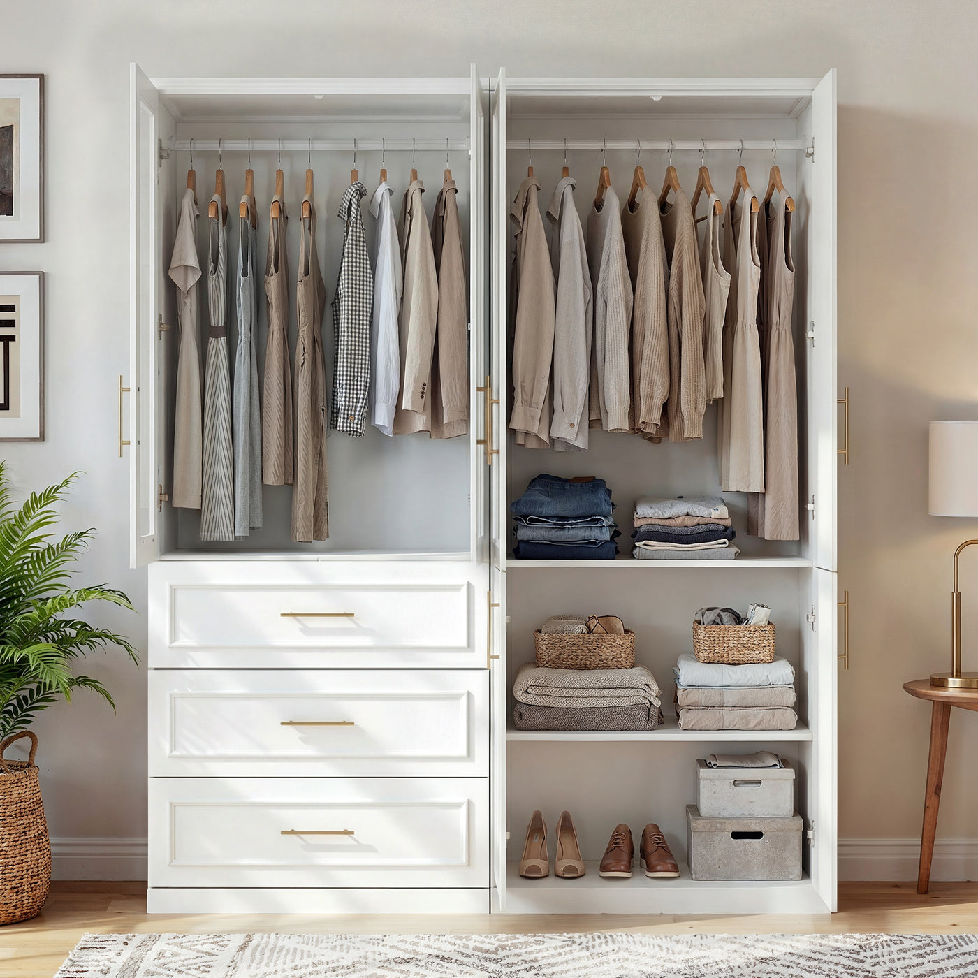 Rena 63.3" Luxe White Armoire with 6 Doors and 3 Drawers