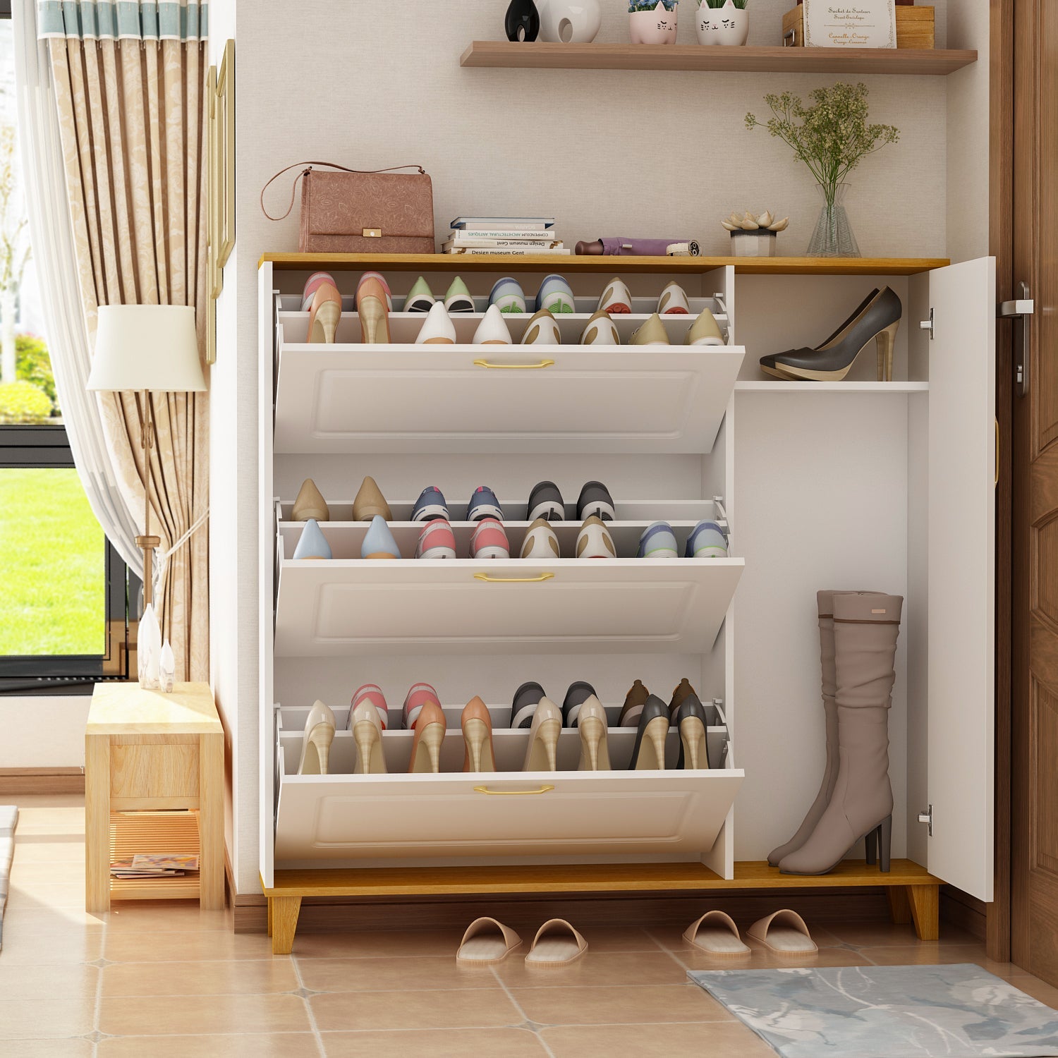 Modern Shoe Storage Cabinet with 3 Compartments & 1 Locker Shoe Cabinet Organizer for Entryway