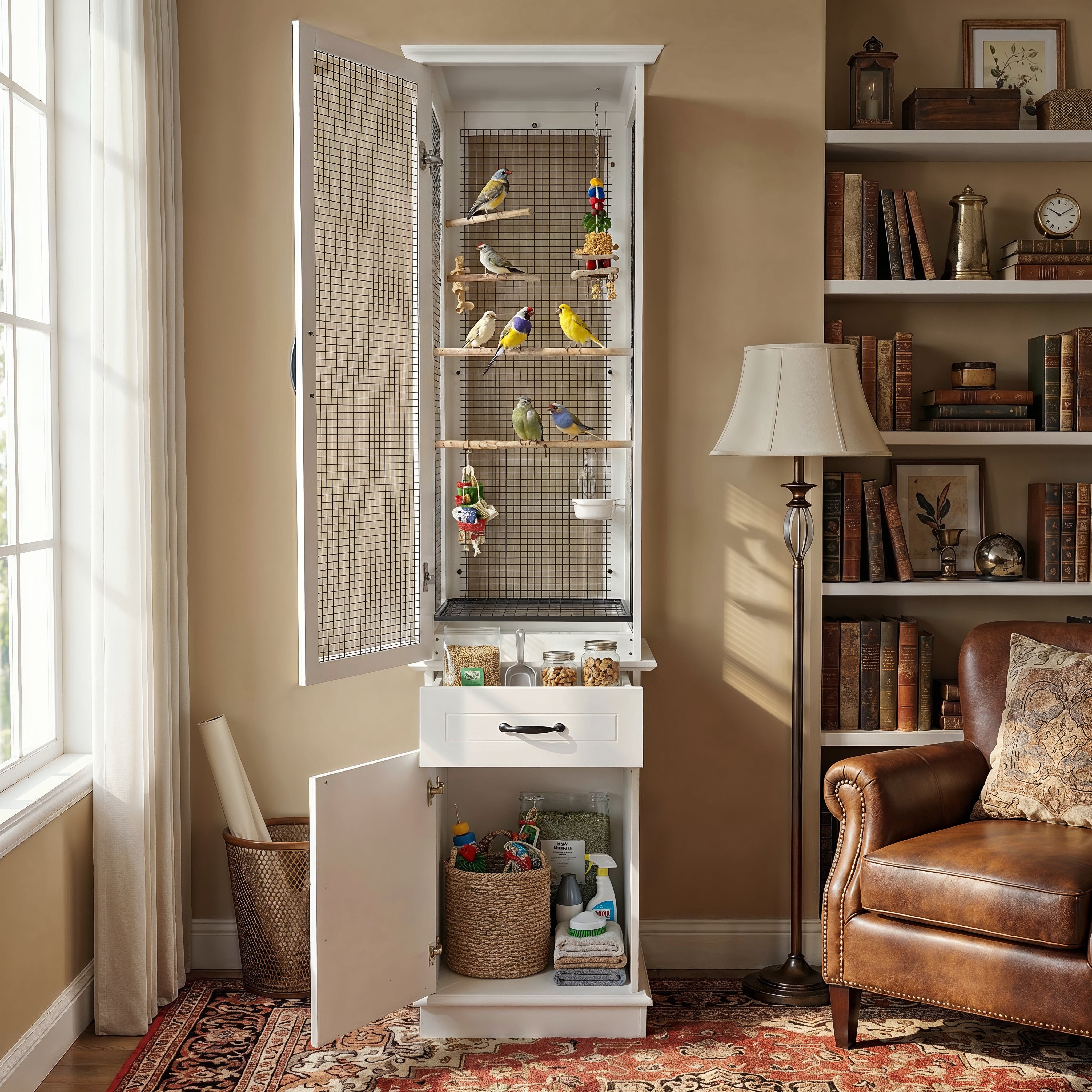 Small birdcage with birds inside in a room with a bookshelf and chair.