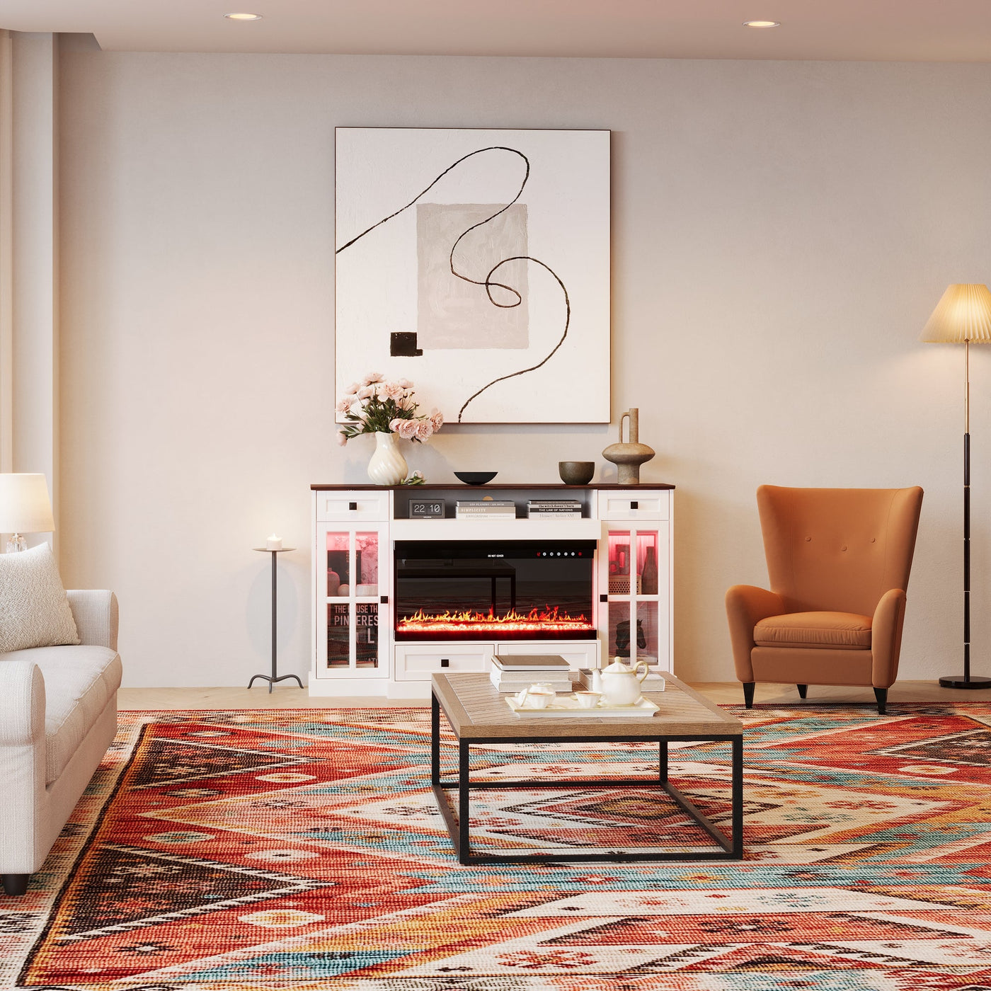 55" Modern White Electronic Fireplace With White TV Stand and Adjustable Light