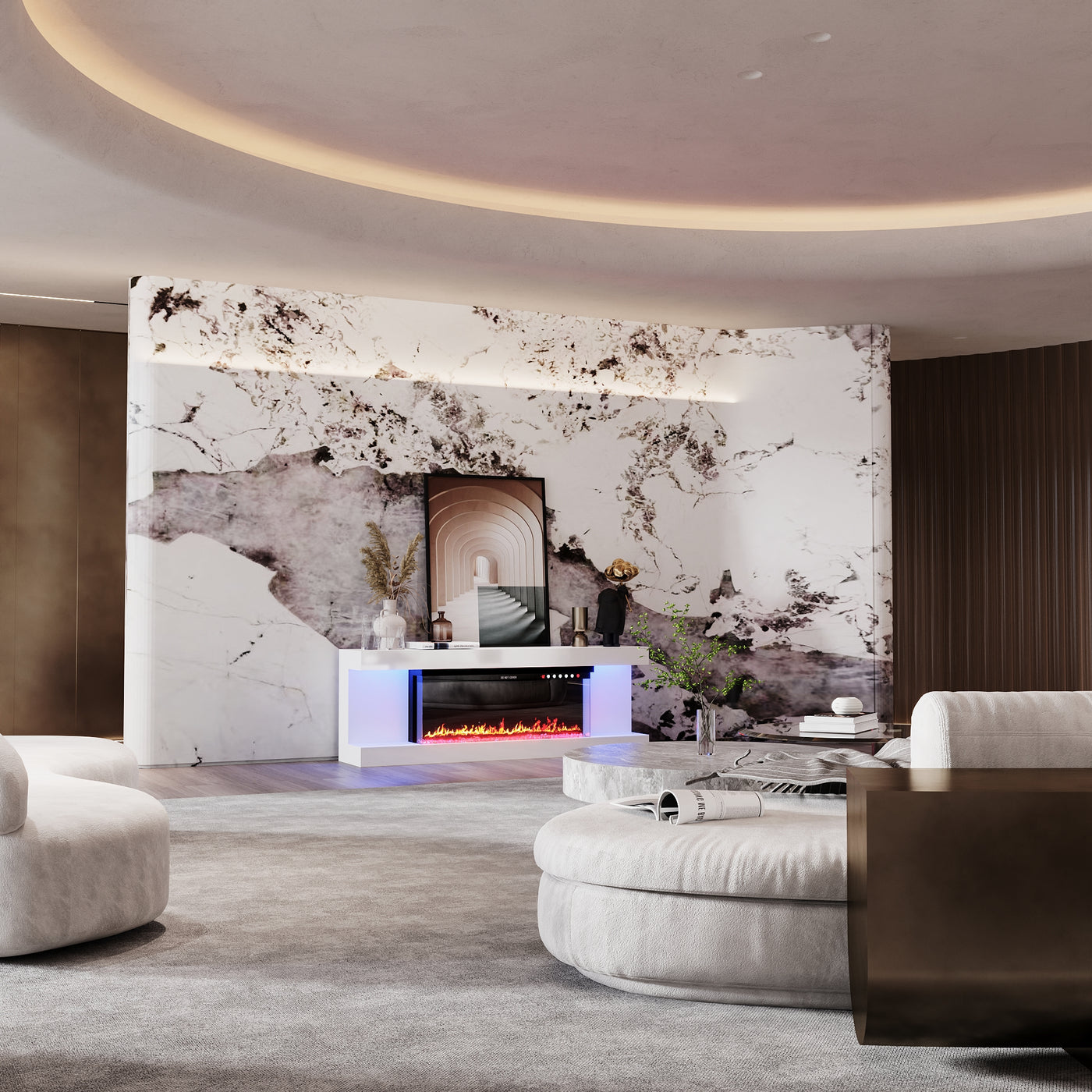 White TV stand with electric fireplace and LED lighting