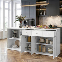 78.7" Contemporary White Kitchen Island with Tempered Glass Door & 3 Drawers
