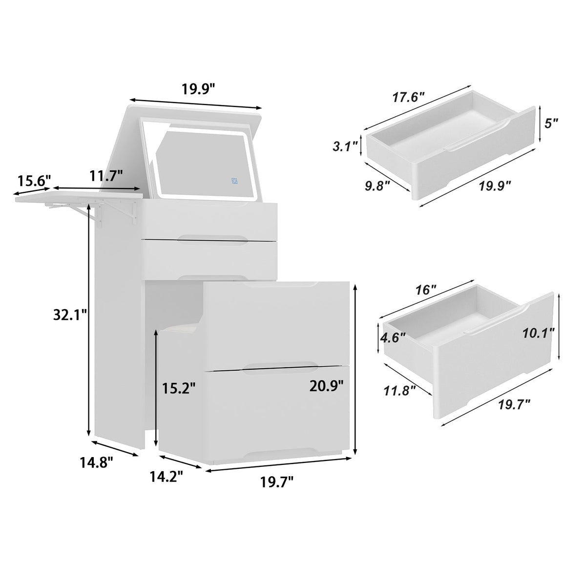 19.8" Modern White Makeup Vanity Table With Flip Top Desktop, LED Lighted, Storage Makeup Stool, Side Shelves