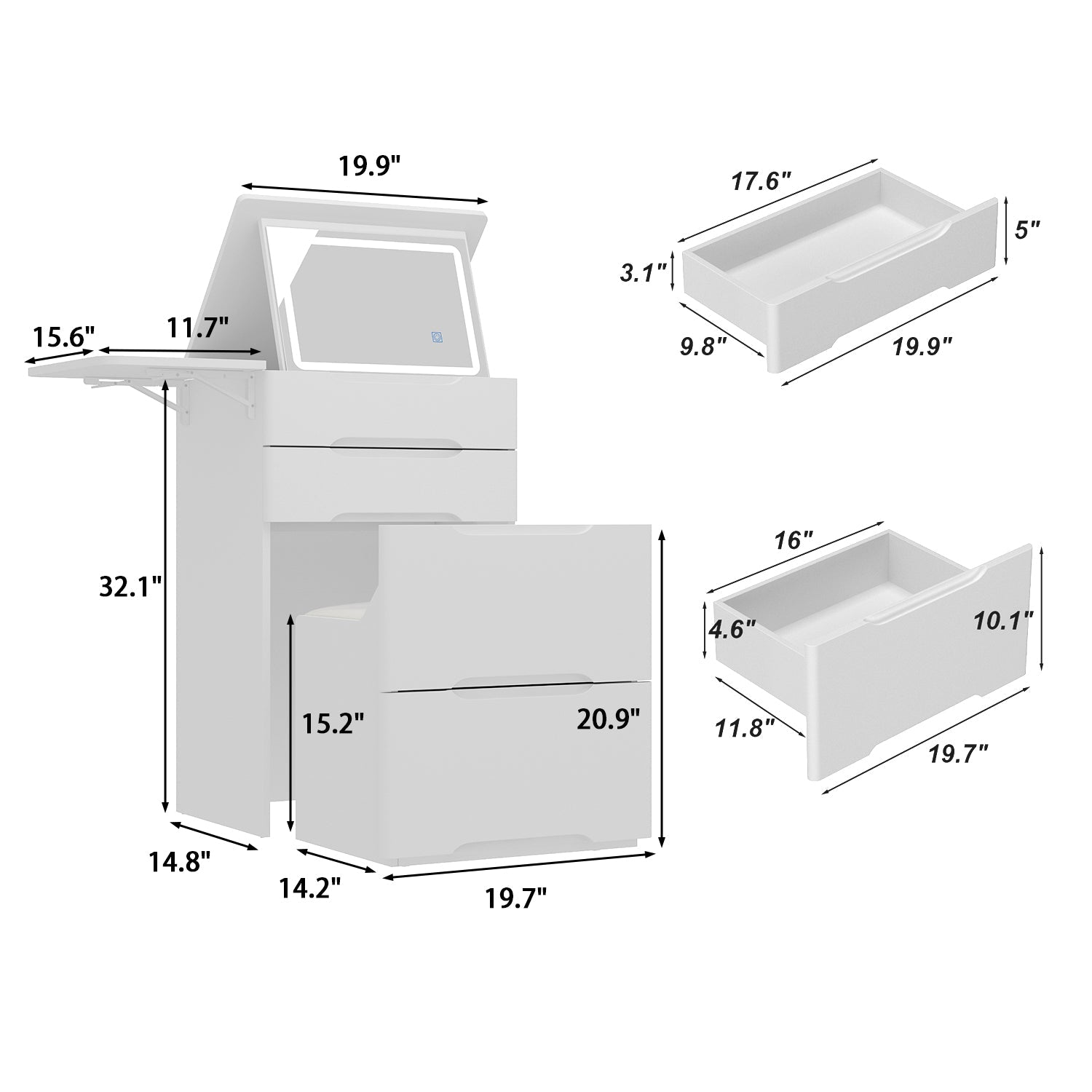 Makeup Vanity Table With Flip Top Desktop, LED Lighted, Storage Makeup Stool, Side Shelves