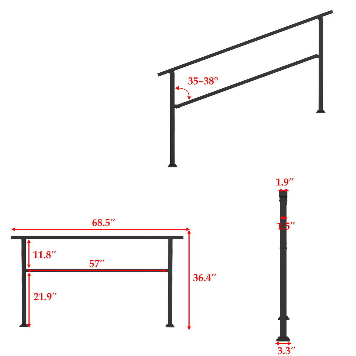 68.5" Modern Matte Black Stair Banister (Set of 2)
