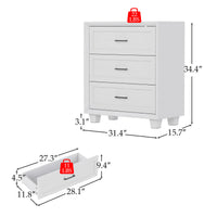 White 3-drawer nightstand with raised panel fronts and black handles
