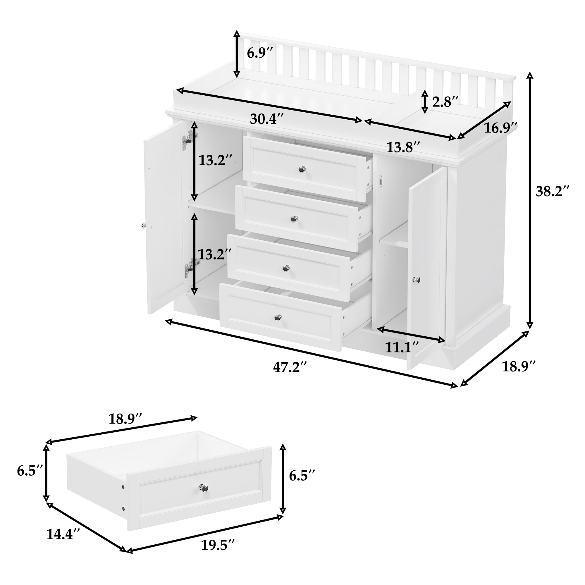 47.2" Wide White Changing Table Dresser With 2 Cabinets & 4 Drawers