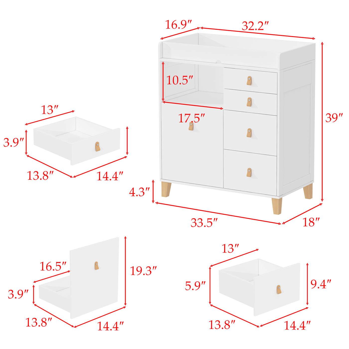 47.2" Modern White Changing Table Dresser with 3 Drawers & 2 Storage Cabinets