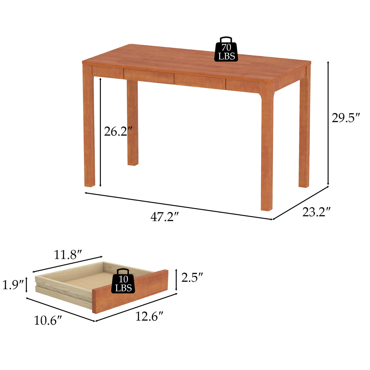 47.2" Modern Scandinavian Brown Rubberwood Writing Desk with Double Drawers