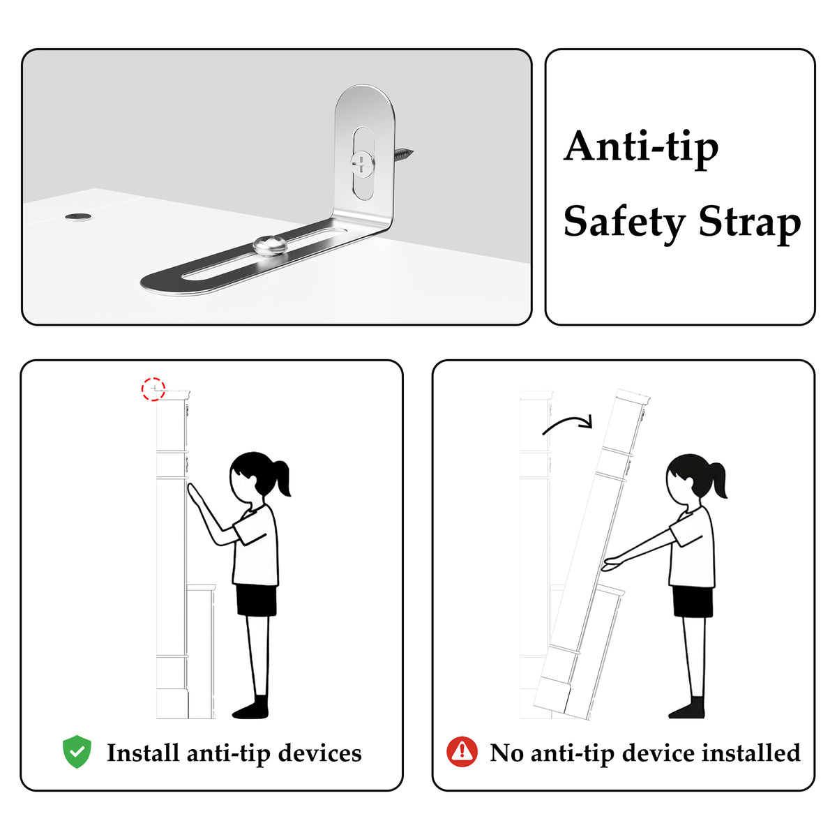 Diagram showing an anti-tip safety strap with installation instructions.