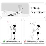 Diagram showing an anti-tip safety strap with installation instructions.