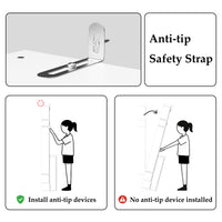 Diagram showing an anti-tip safety strap with installation instructions.