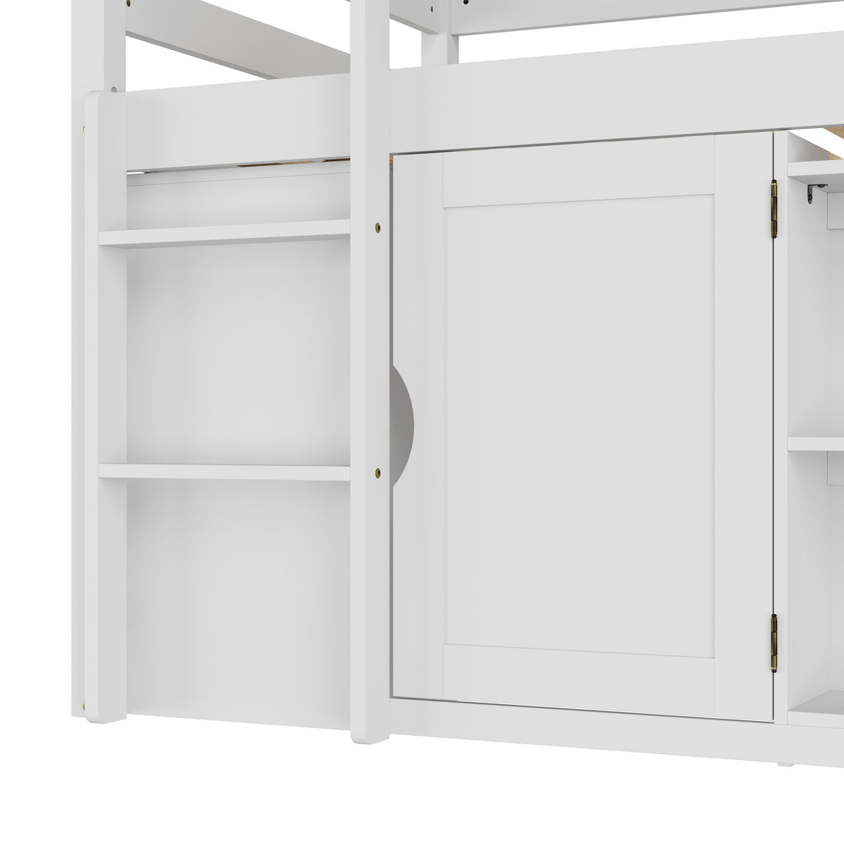 White kids loft bed with storage cabinets, shelves, and ladder