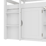 White kids loft bed with storage cabinets, shelves, and ladder