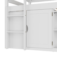 White kids loft bed with storage cabinets, shelves, and ladder