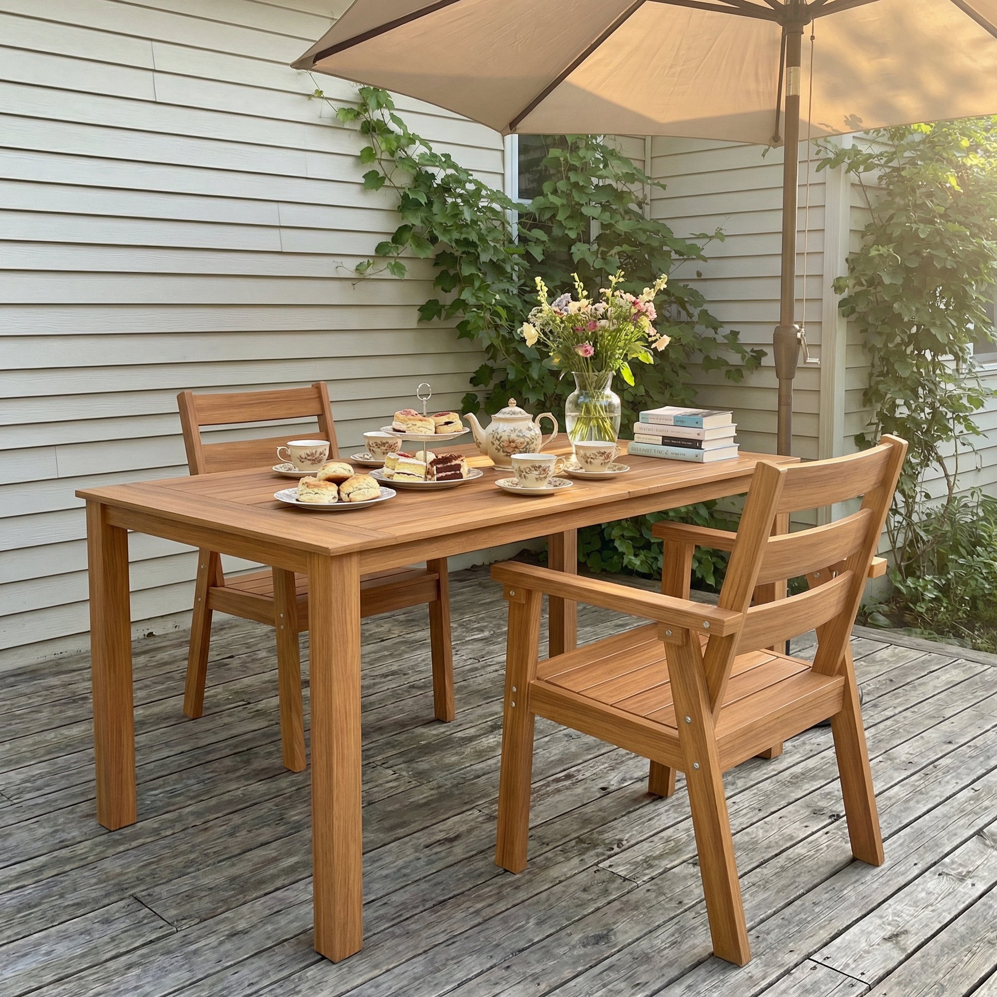 Wood outdoor dining set with rectangular table and matching armchairs