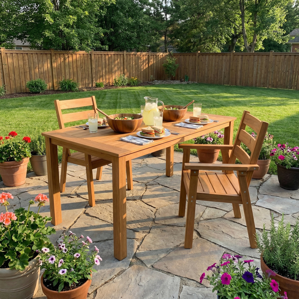 Wood outdoor dining set with rectangular table and matching armchairs