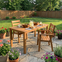 Wood outdoor dining set with rectangular table and matching armchairs