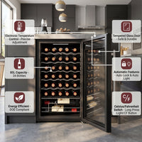 Black wine fridge with glass door and digital temperature display