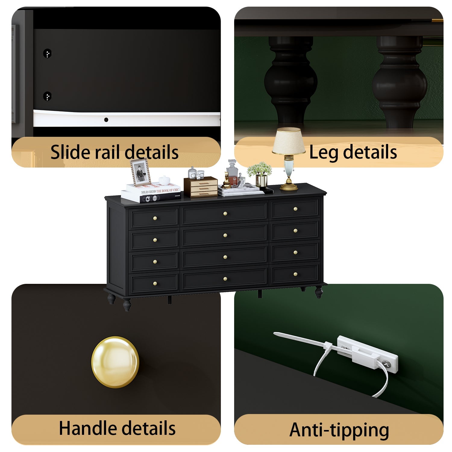 Dresser with 12 Drawers Chest of Drawers Triple Dresser Wide Console Table