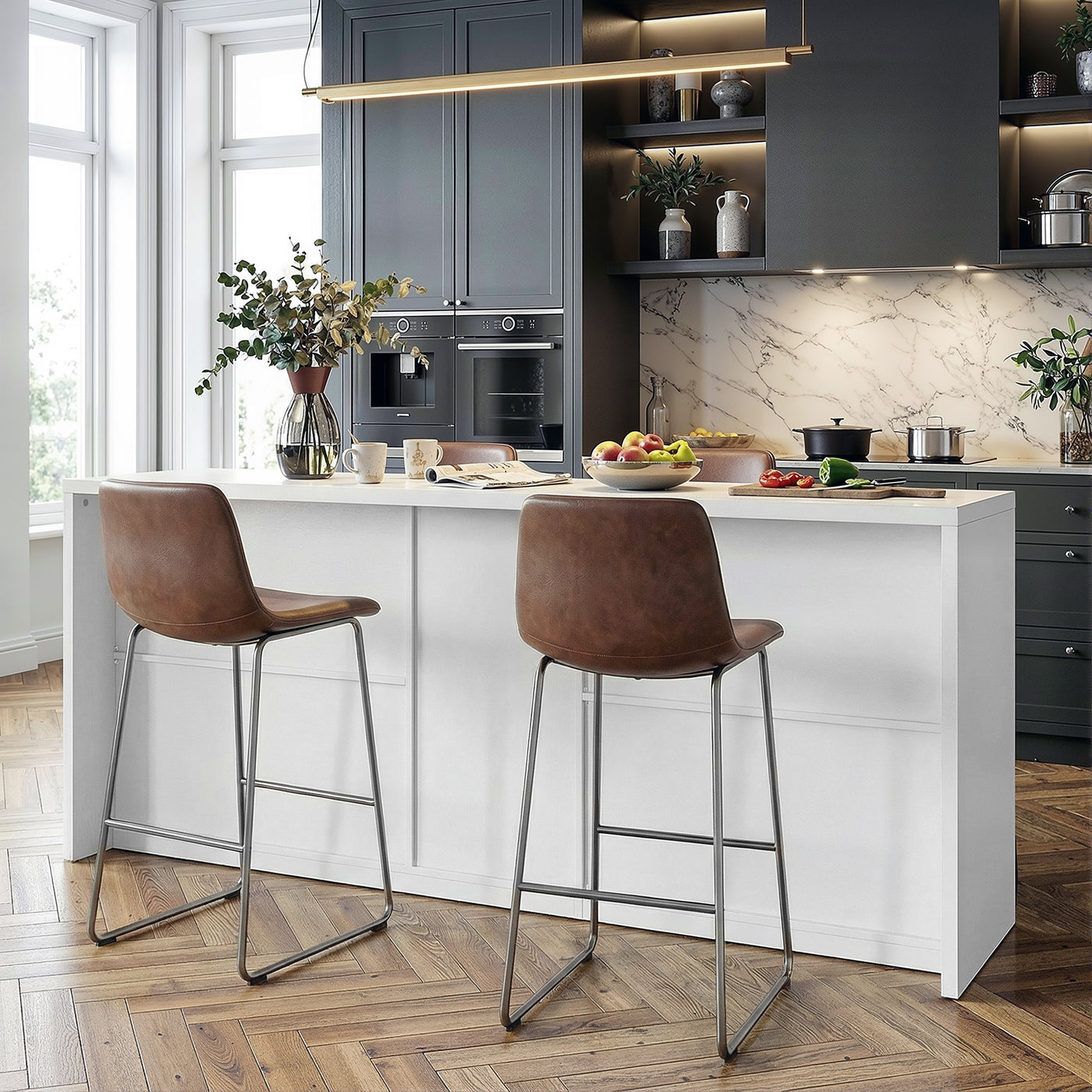 78.7" Contemporary White Kitchen Island with Tempered Glass Door & 3 Drawers