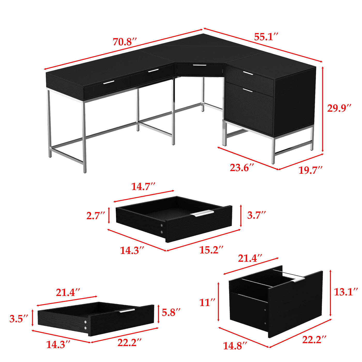 70.8" Modern Black L-Shaped Computer Desk With 4 Standard Drawers, 1 File Drawer