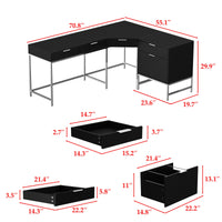 70.8" Modern Black L-Shaped Computer Desk With 4 Standard Drawers, 1 File Drawer