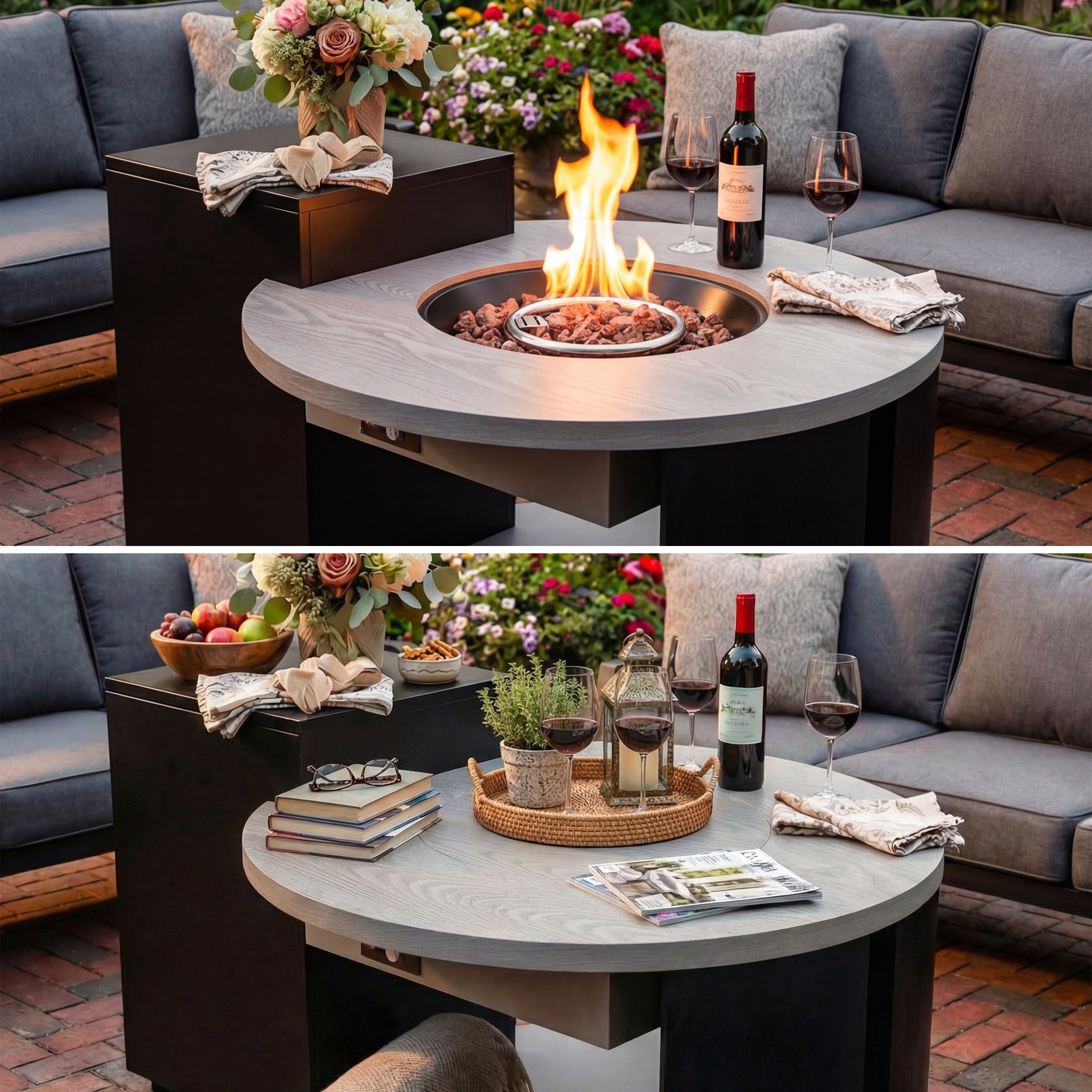 42.1" Modern Round Woodgrain Propane Fire Pit Table with 50,000 BTU, Hidden Tank Storage and Auto Shut-Off