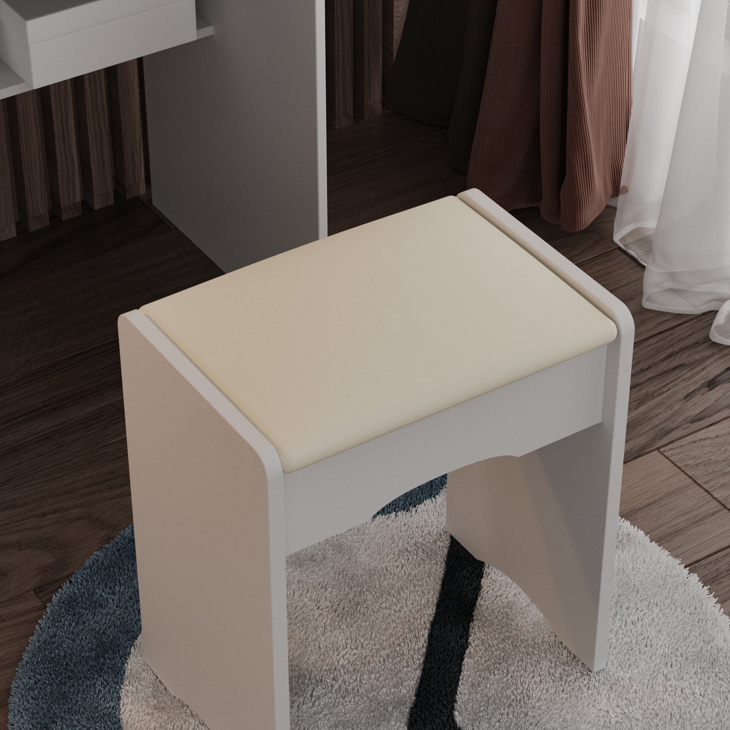 Vanity Set With Sliding Mirror, 4 Drawers, Shelves & Cushioned Stool