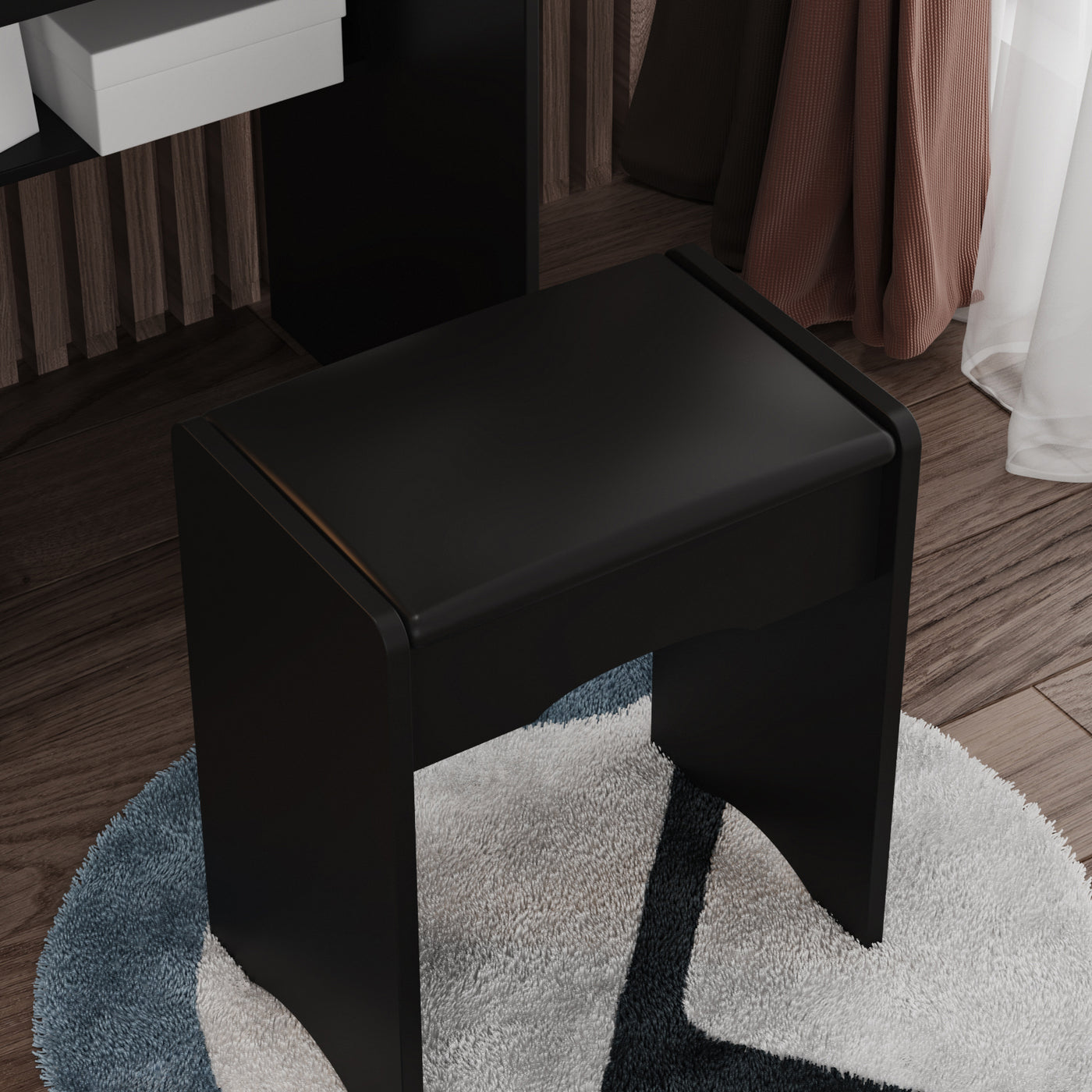 35.4" Modern White/Black Vanity Set with Sliding Mirror, 4 Drawers, Shelves and Cushioned Stool