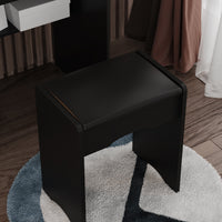 35.4" Modern White/Black Vanity Set with Sliding Mirror, 4 Drawers, Shelves and Cushioned Stool